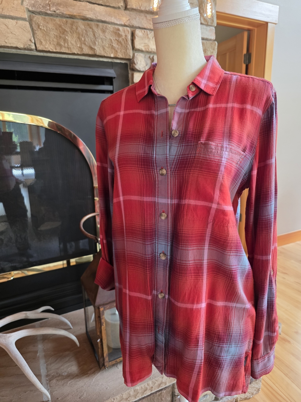 Eddie Bauer Red Plaid Button-Up Long-Sleeve Shirt for Women